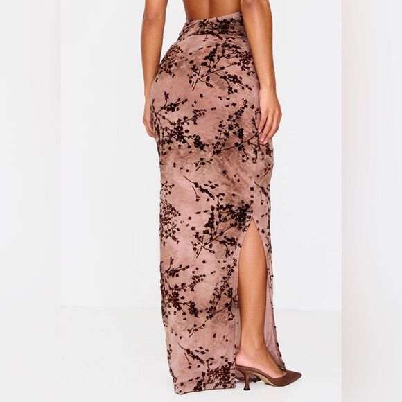 Pretty Little Thing Floral Print Devore Mesh Ruched Skirt Mauve 14 NWT IN PKG - Picture 3 of 9